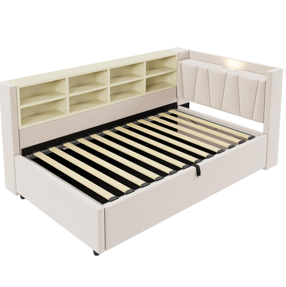POLSTERBETT 90/200 cm Beige aus Samt mit Stauraum und Ladeanschlüssen - Beige, Textil (90/200cm) - OKMYHOME