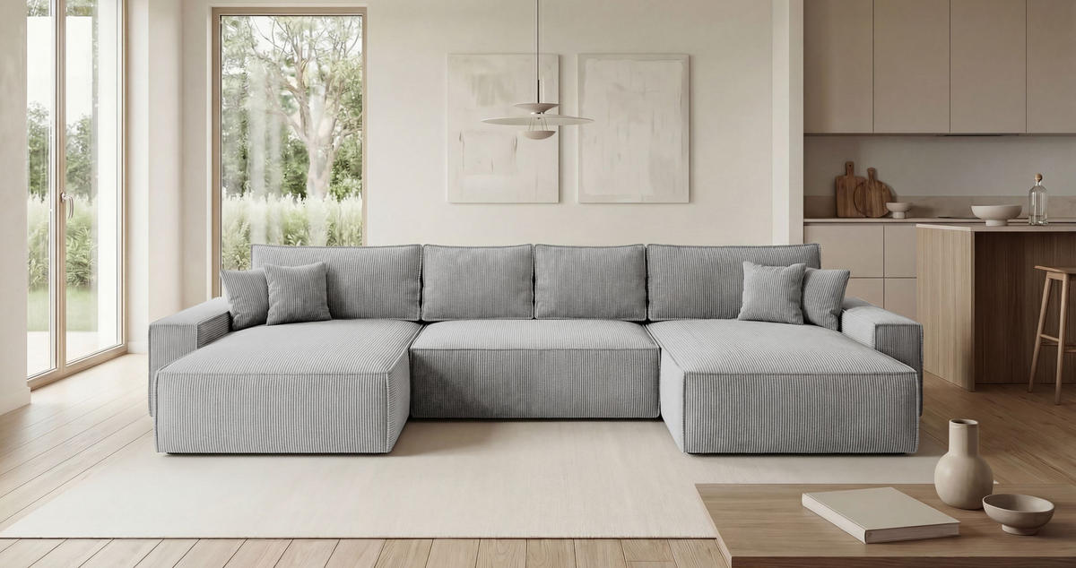 ECKSOFA CALIFORNIA U-Form grau Cord POSO 55 - Schlaffunktion, Bettkasten - Grau, Textil (385/185cm) - Cornero