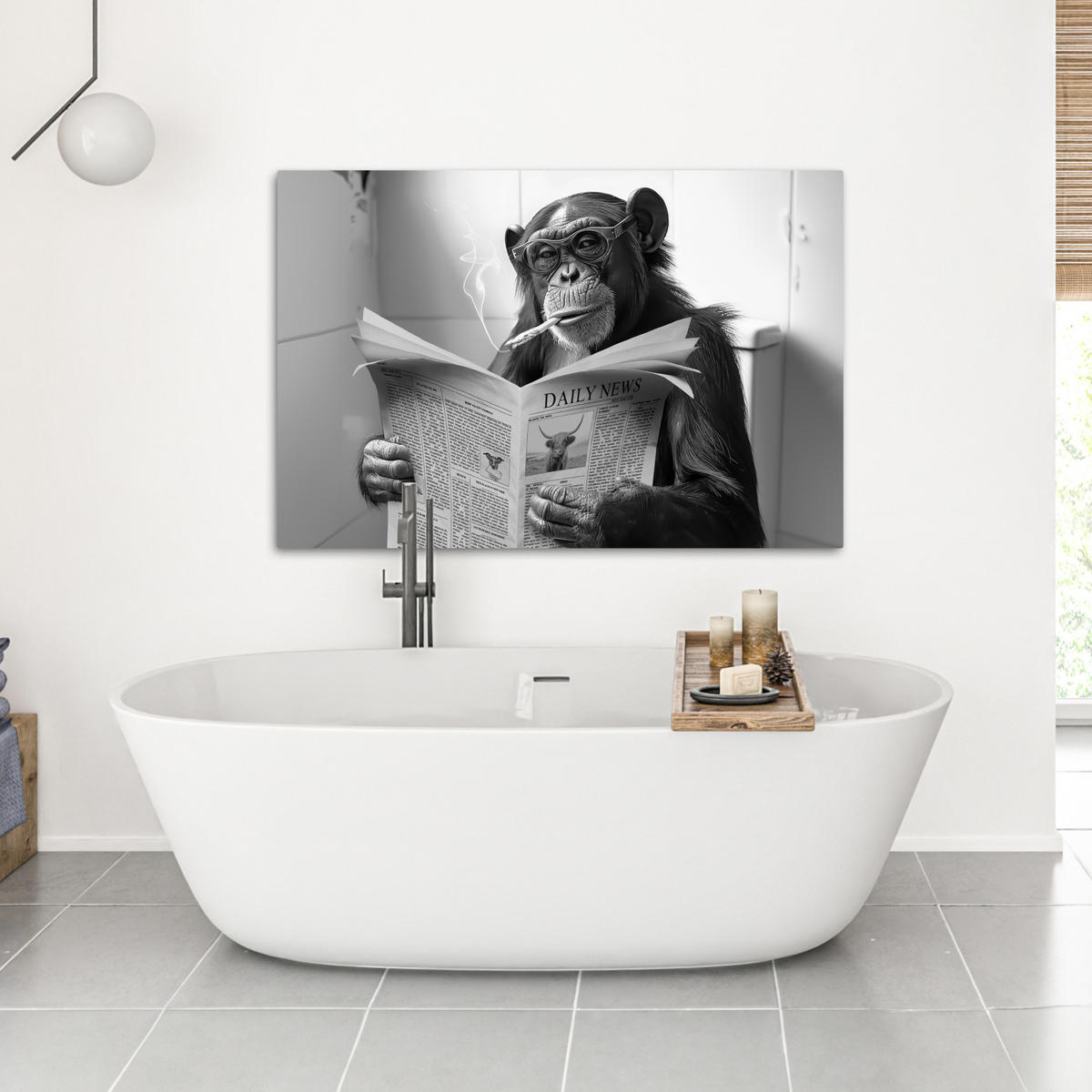 LEINWANDBILD Affe - WC - Zeitung - Schwarz-Weiß - Humor Wohnzimmer 120x80 cm - Hellgrau, Textil (120/80cm) - MuchoWow