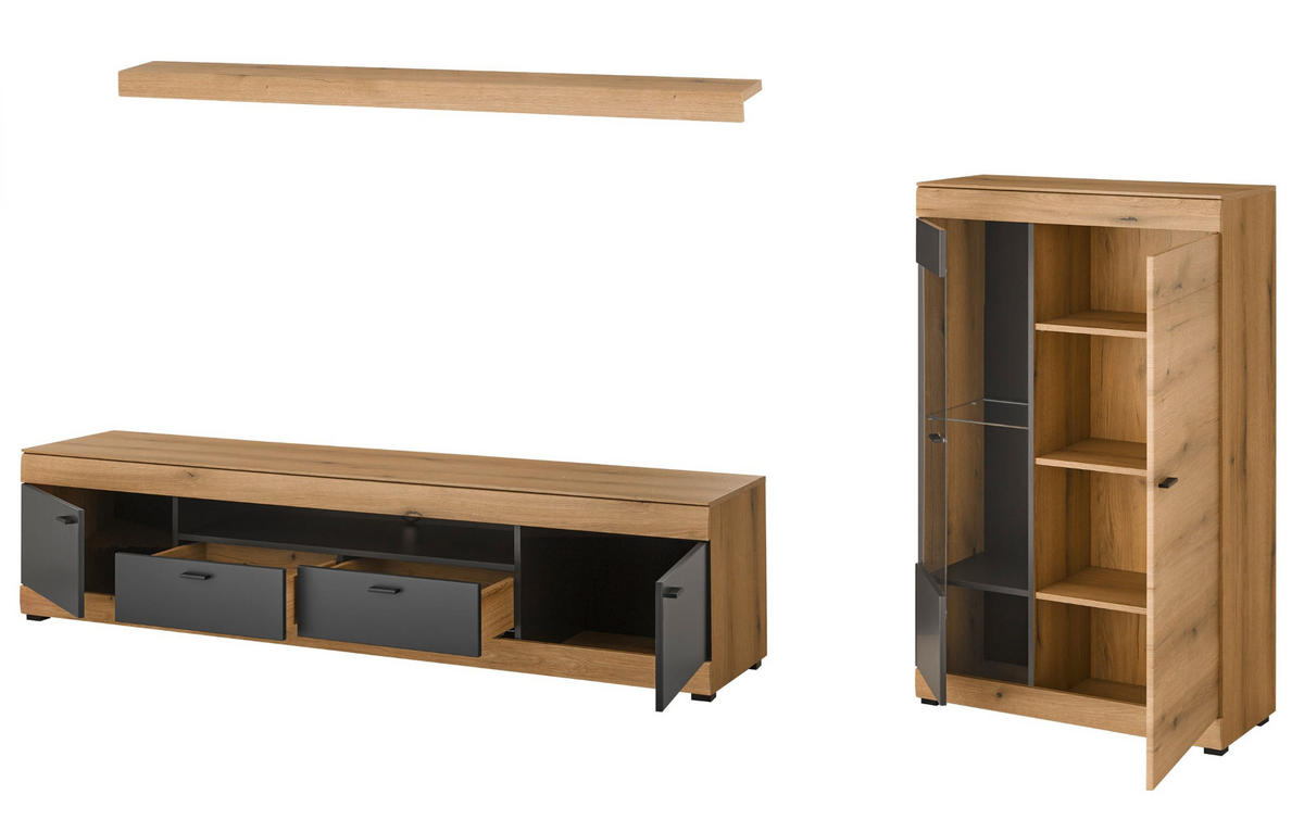 WOHNWAND Eiche, grau 300 cm 3-teilig, Schrankwand mit Soft-Close - Kaschmir/Eichefarben, Glas/Holzwerkstoff (300/170/45cm) - Furn.Design