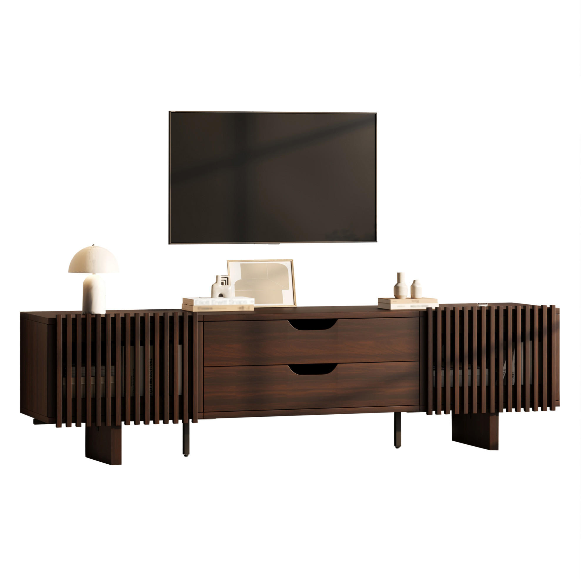 TV ormarić od MDF-a 180x40x45 cm tamni orah s 2 ladice i lamelnim vratima, za TV do 75 inča - smeđa, drvni materijal (180/45/40cm) - Modfu