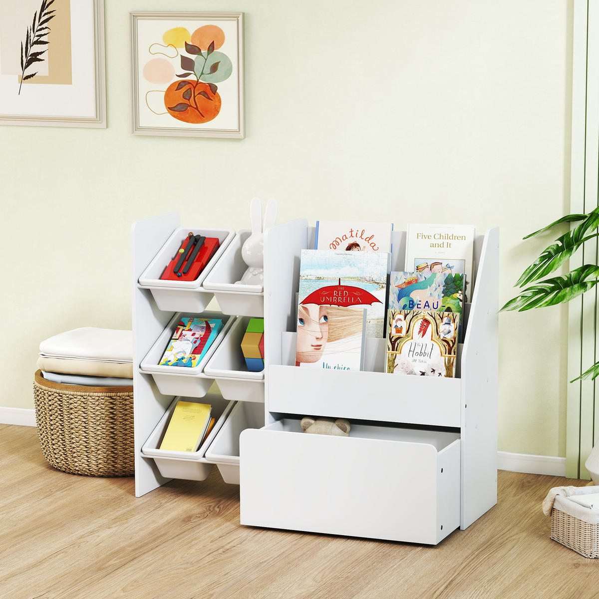 KINDERREGAL DE-17280 6 Boxen & große Box auf Rollen Weiß - Weiß, Holzwerkstoff (100/80/30cm) - ComfortXL