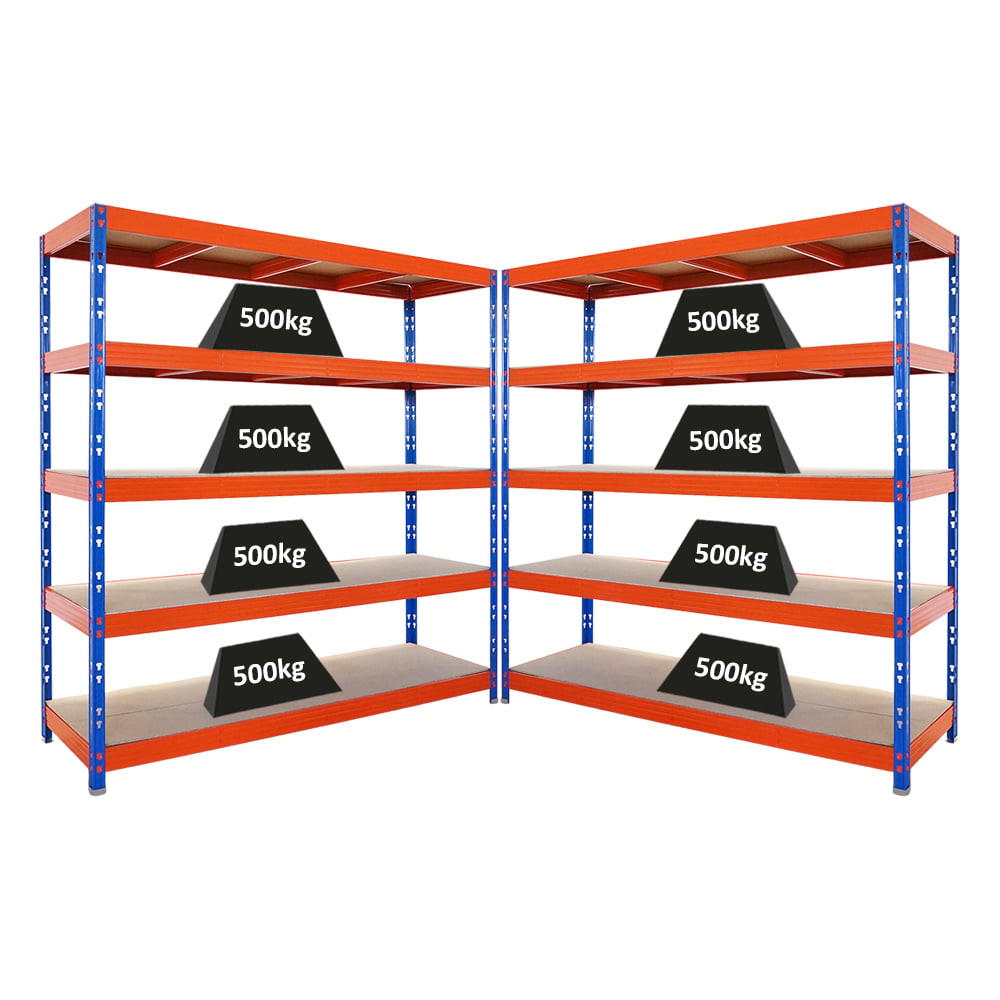 SCHWERLASTREGAL Rhino 2er-Set 200x200x60 cm 5 Spanplatten-Ebenen 8mm Fachlast 500 kg Blau/Orange - Blau/Orange, Metall (400/200/60cm) - PROREGAL