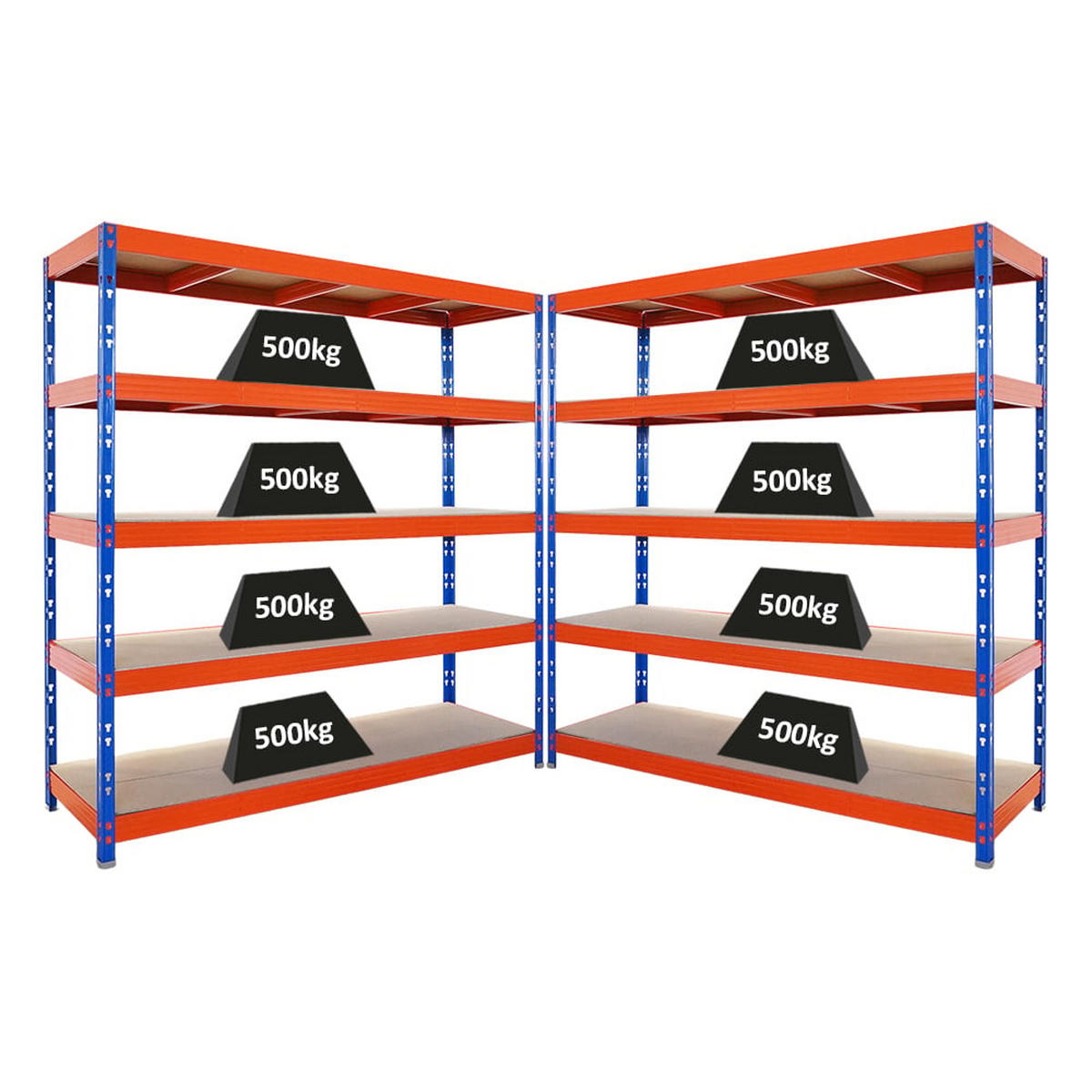 SCHWERLASTREGAL Rhino 2er-Set 200x200x60 cm 5 Spanplatten-Ebenen 8mm Fachlast 500 kg Blau/Orange - Blau/Orange, Metall (400/200/60cm) - PROREGAL