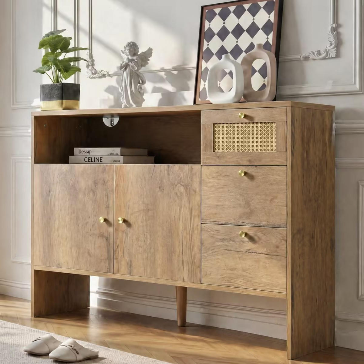 SIDEBOARD Rattan Holz 2 Türen 3 Schubladen Gold 105x40x76cm - Naturfarben, Holzwerkstoff (40/76/105cm) - FLIEKS