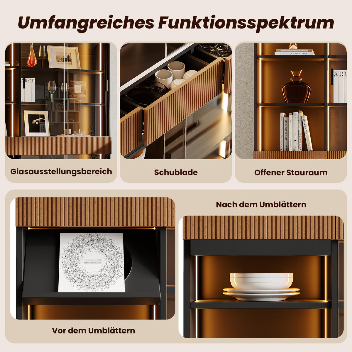 VITRINE 120x28,5x180 cm mit LED und Schiebetüren - Schwarz/Braun, Holzwerkstoff (120/180/28.5cm) - FLIEKS