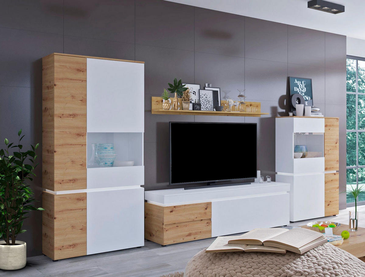 WOHNWAND 4-teilig Eiche Artisan / weiß 361 / 48 / 199cm - Eichefarben/Weiß, Holz/Holzwerkstoff (361/199/48cm) - Feldmann-Wohnen