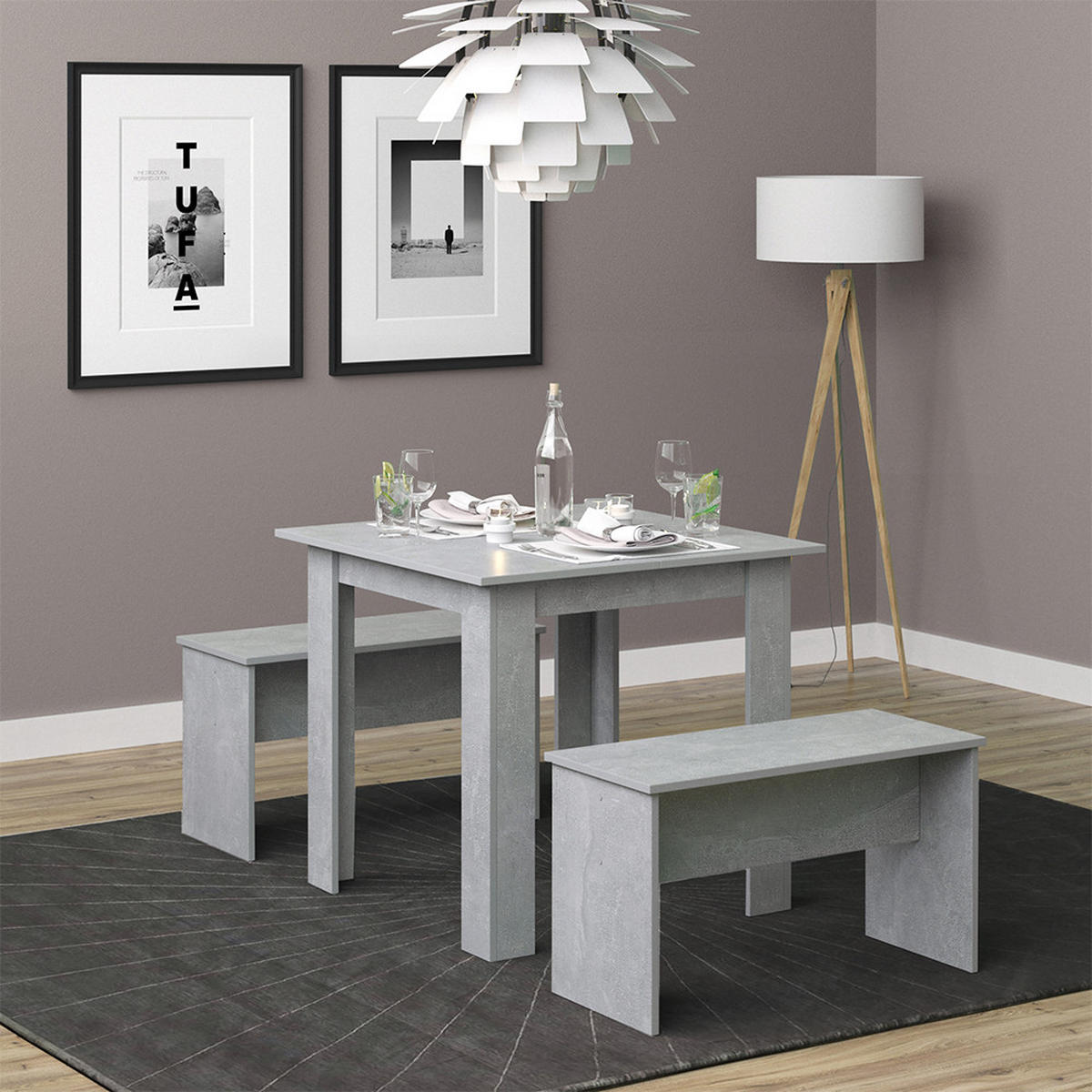 ESSTISCH SET Sentio Beton 80 x 80 cm mit 2 Bänken - Grau, Holzwerkstoff (80/73/80cm) - Vicco