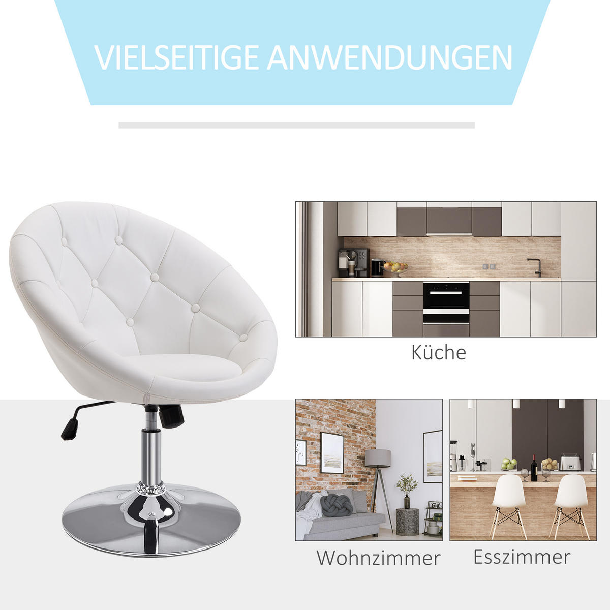 DREHHOCKER Bürostuhl Arbeitshocker verchromt Drehstuhl höhenverstellbar 2 Farben - Weiß, Metall (59/90/71cm) - HOMCOM