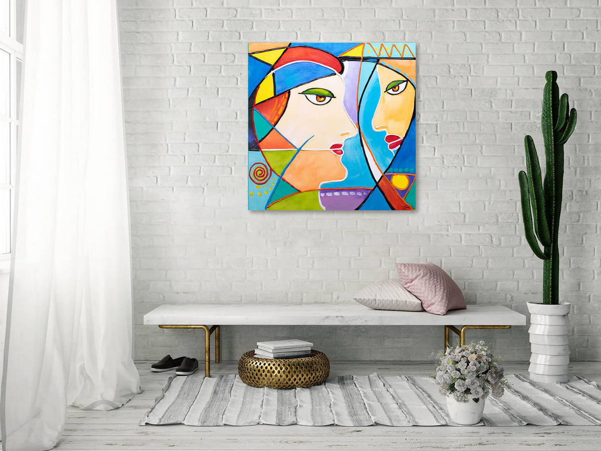 ACRYLBILD HANDGEMALT 87/87 cm - Blau/Gelb, Holz/Textil (87/87cm) - KUNSTLOFT