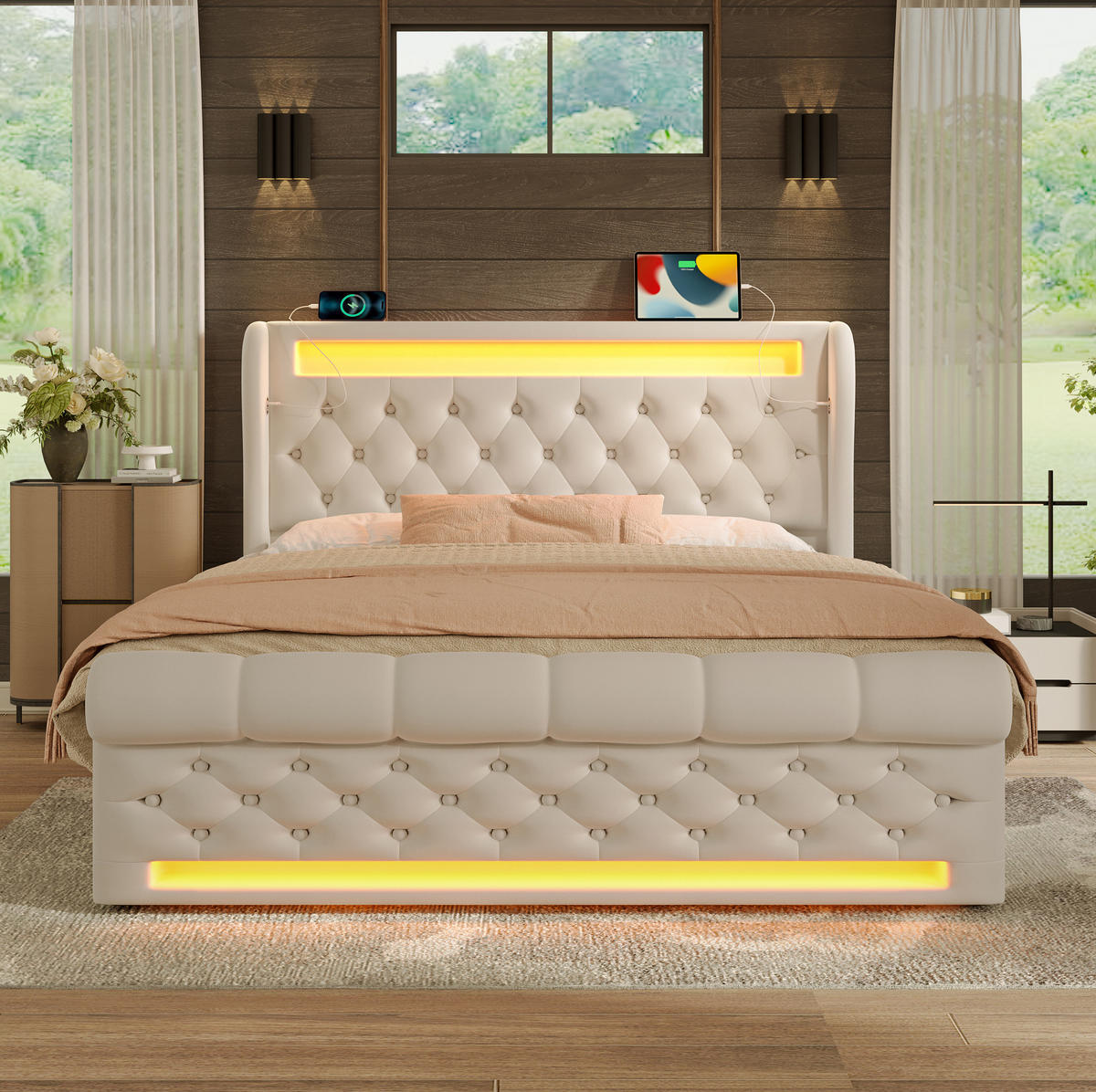 POLSTERBETT 140/200 cm in Beige mit LED-Beleuchtung, Stauraum und Matratze - Beige, Textil (140/200cm) - Flora Grace