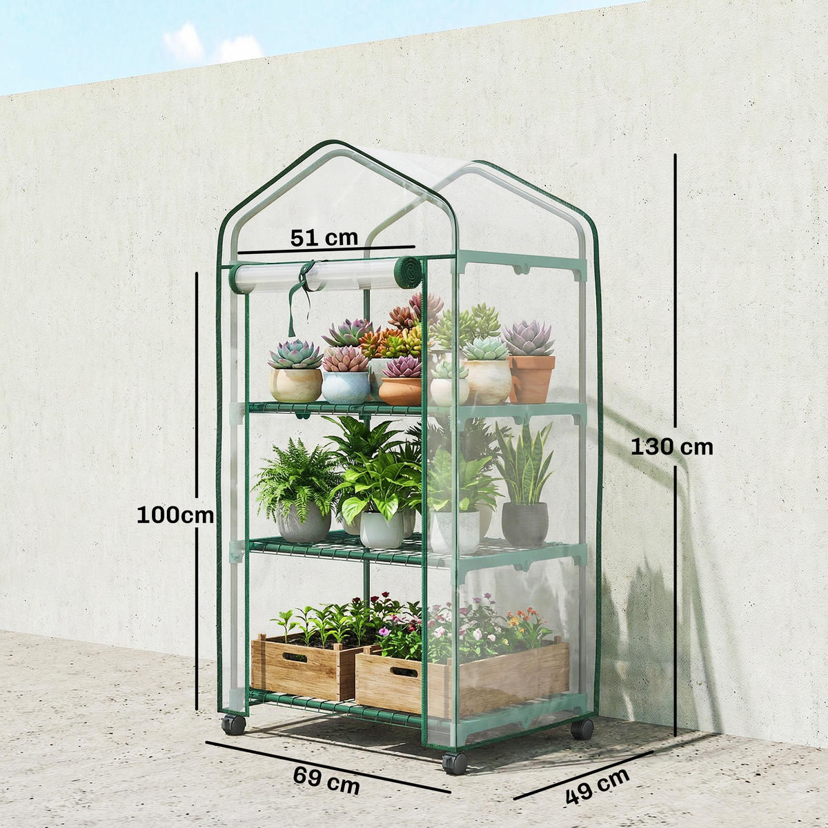 GEWÄCHSHAUS DE-12088 3 Etagen, hochdichte PVC-Bâche, 4 Rollen Transparent - Transparent, Kunststoff (49/130/69cm) - ComfortXL