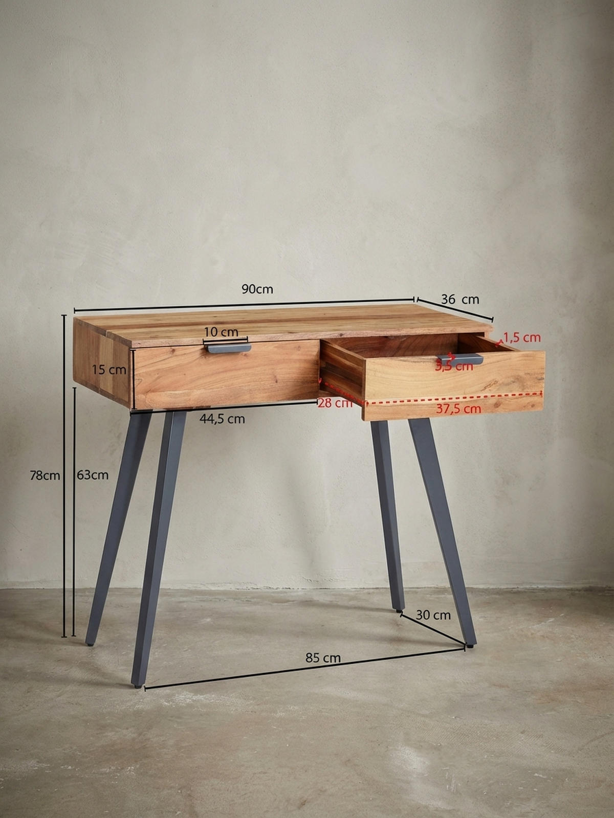 KONSOLENTISCH – Massivholz/Metall, 2 Schubladen, individuelles Design - Beige/Anthrazit, Holz/Metall (36/90/78cm) - KADIMA DESIGN