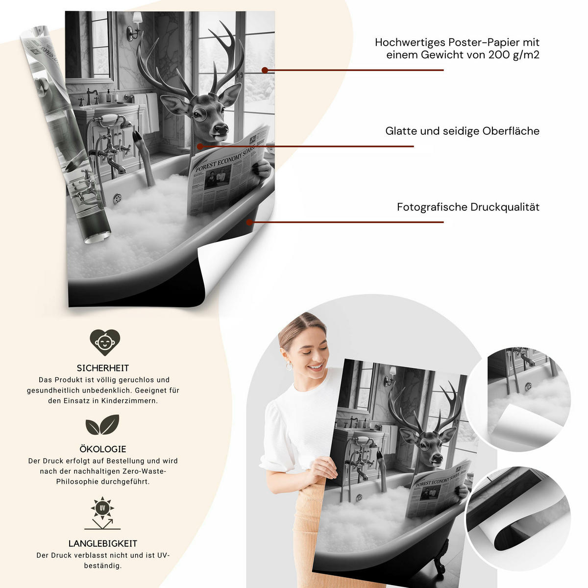 POSTER für Badezimmer WC Rehe HIRSCH in Badewanne Zeitung Abstraktion 20x30cm - Schwarz/Weiß, Papier (20/30/1cm) - Muralo