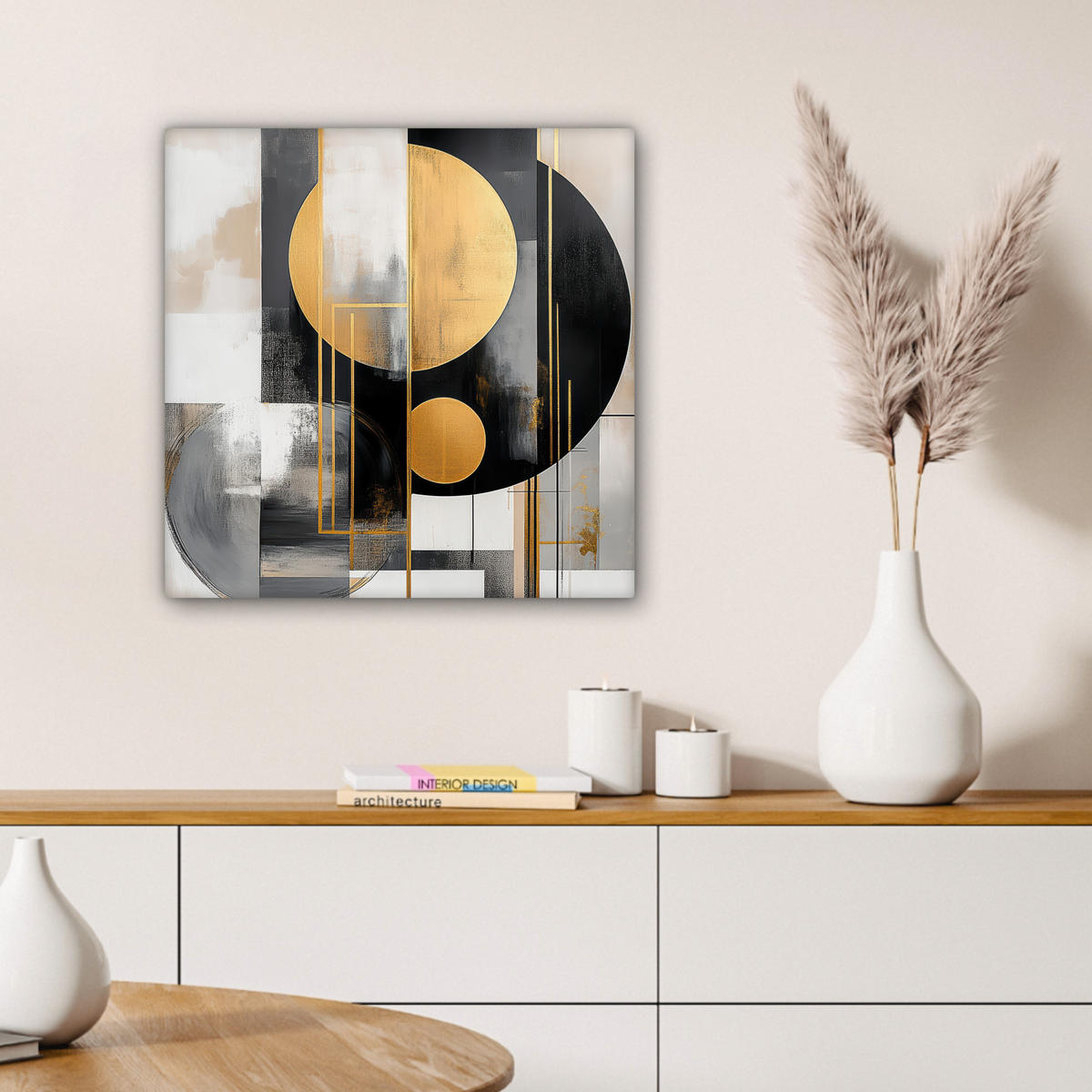 LEINWANDBILD Abstrakt - Gold - Silber - Formen - Ästhetisch - Modern Wandbild Wohnzimmer 50x50 cm - Goldfarben, Textil (50/50cm) - MuchoWow