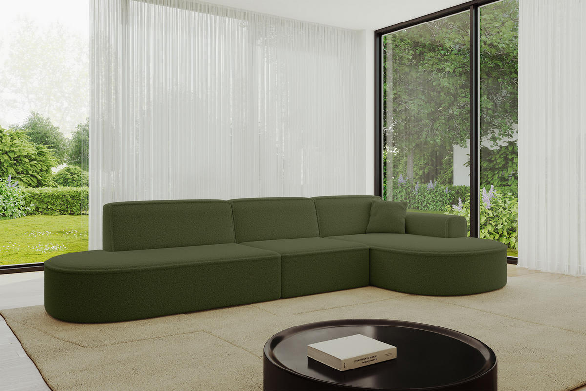 ECKSOFA Ottomane Rechts MARI-L2 - 328x171x79 cm Grün Bouclé - Schwarz/Grün, Holzwerkstoff/Kunststoff (171/328cm) - ALTDECOR
