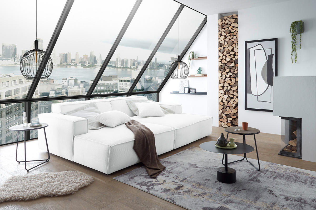 BIG SOFA SAMU Weiß Cord - Schwarz/Weiß, Textil (256/72/168cm) - KAWOLA