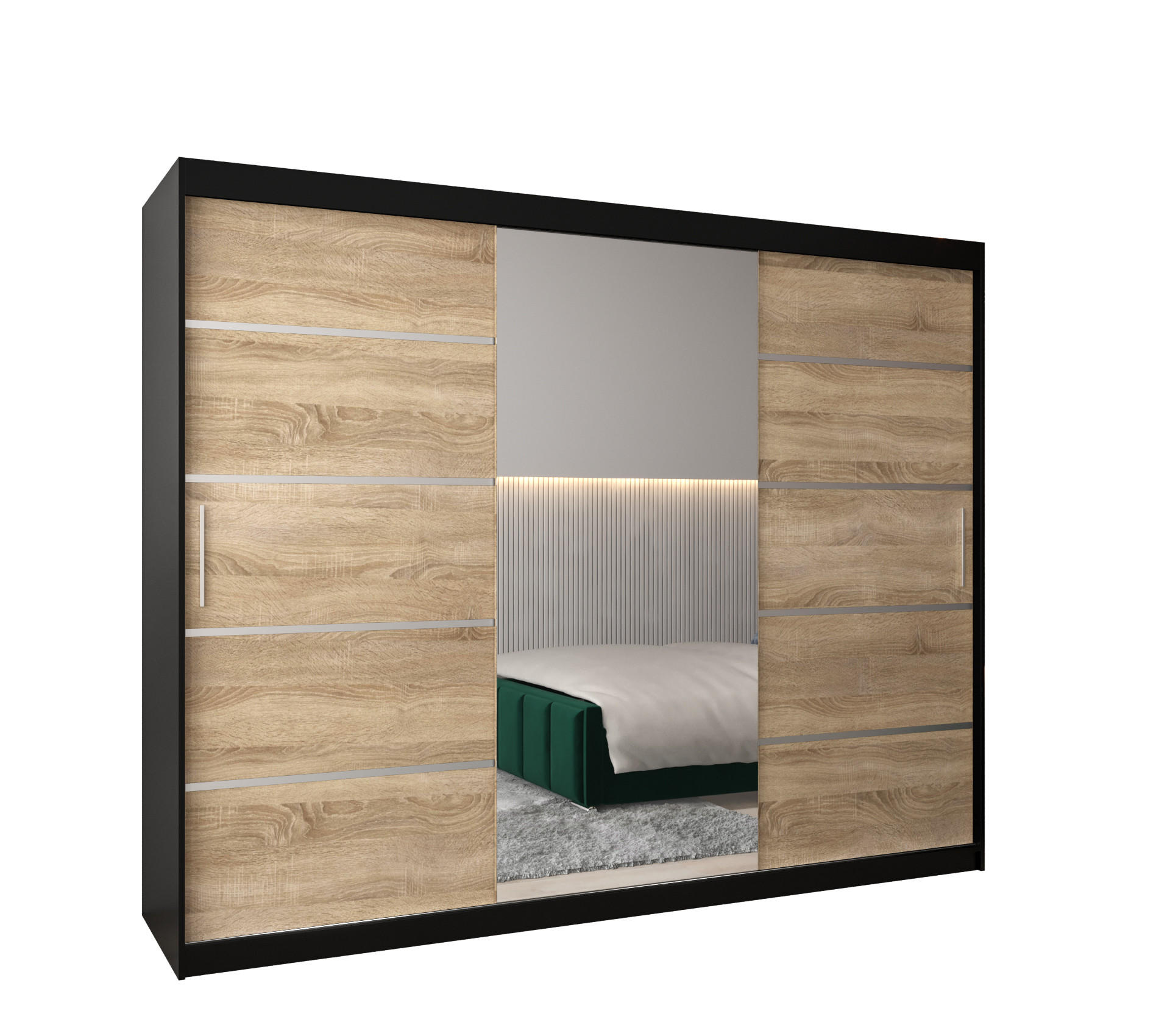 Möbel Kryspol Schwebetürenschrank Schwarz, Sonoma Eiche, Silber 250x200x62 cm