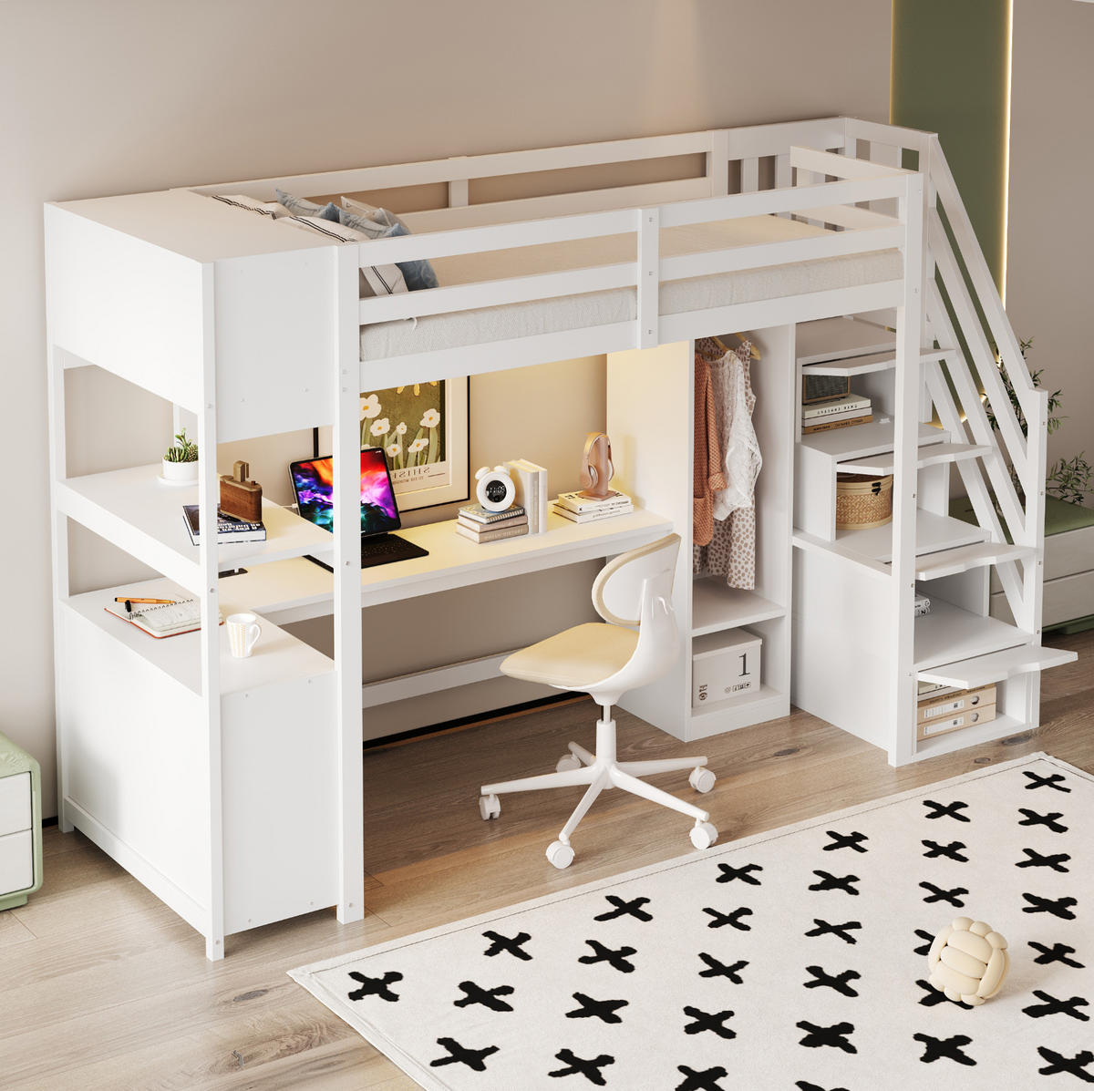 HOCHBETT 90/200 cm weiß aus Massivholz und MDF mit Schreibtisch - Weiß, Holzwerkstoff (90/200cm) - OKWISH