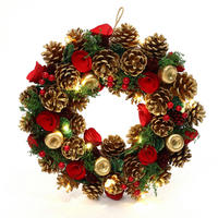 WEIHNACHTSKRANZ mit 15 LEDs, Timer, Zapfen & Blüten - Dunkelgrün, Naturmaterialien (34cm) - Hometopia