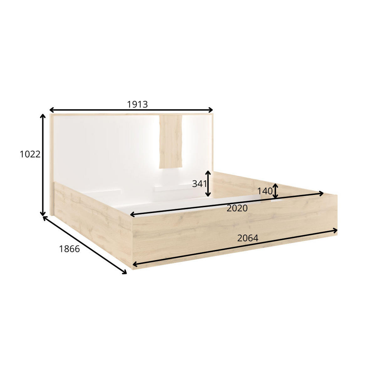 DOPPELBETT Wood Eiche Wotan / weiß Hochglanz 190 / 206 / 102cm - Weiß Hochglanz/Eichefarben, Holz/Holzwerkstoff (180/200cm) - Feldmann-Wohnen