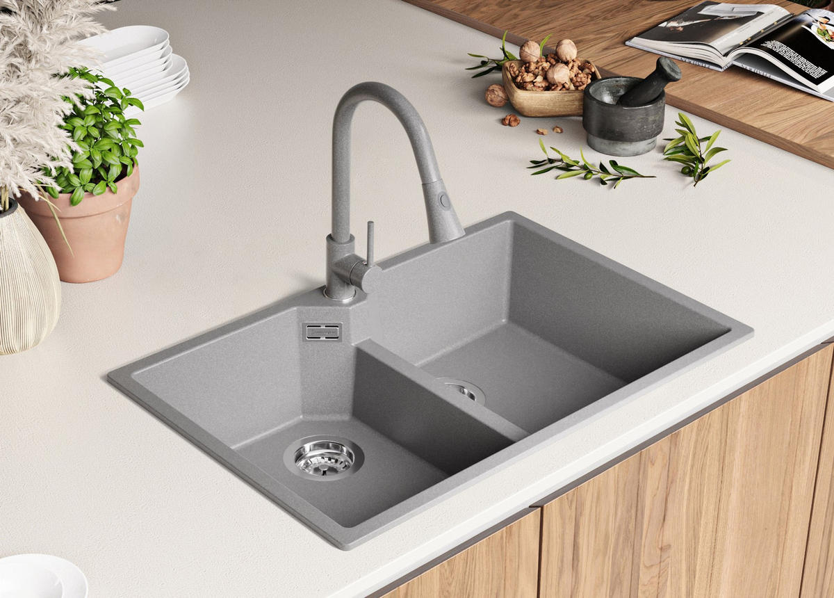 SPÜLBECKEN Madrid Twin, 2-er set Grau 78/50 cm 2 Becken + Ablauf-Set ab 80er Unterschrank - Grau, Kunststoff (78/19/50cm) - Primagran