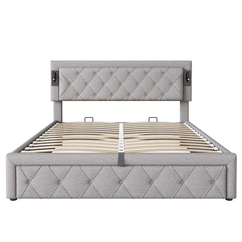 POLSTERBETT 160x200 cm in Grau Leinen mit Downlight & USB-Schnittstelle - Grau, Holz/Textil (160/200cm) - KOMHTOM