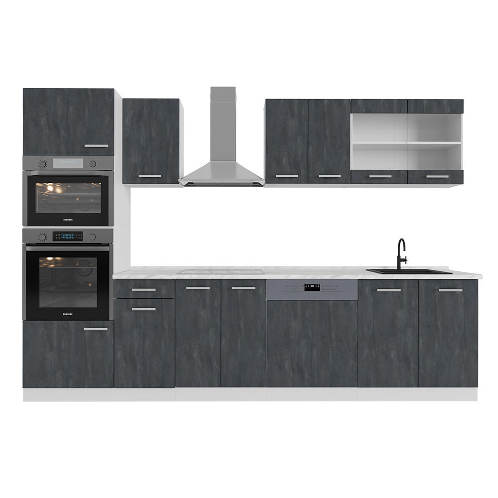KÜCHENZEILE R-Line Schwarz Beton/Weiß 300 cm ohne AP - Schwarz/Weiß, Holzwerkstoff (300/81.6/46cm) - Vicco