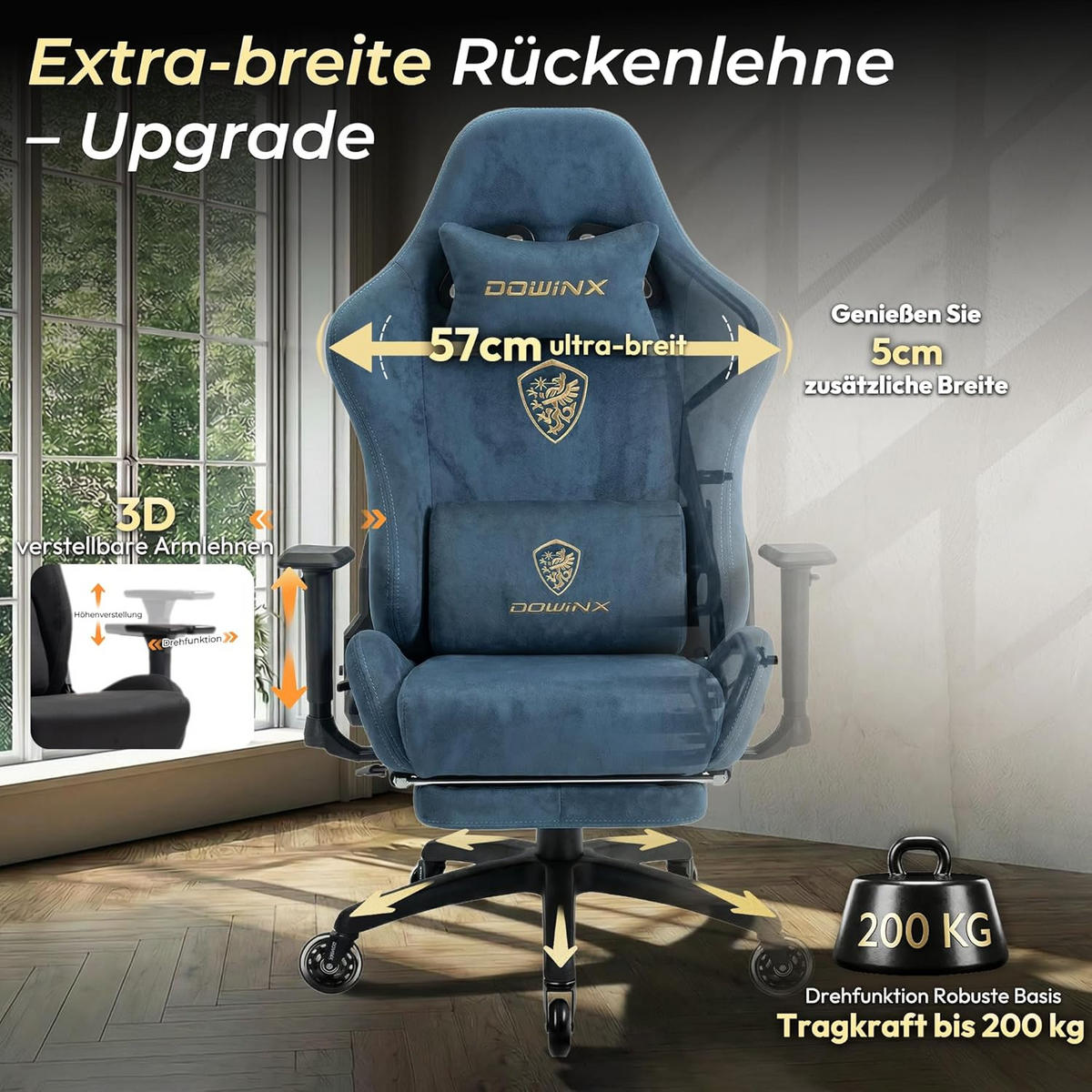 GAMING-STUHL Mikrofaser-Velours Verstellbarer Bürostuhl mit Fußstütze - Blau, Leder (70/128/70cm)