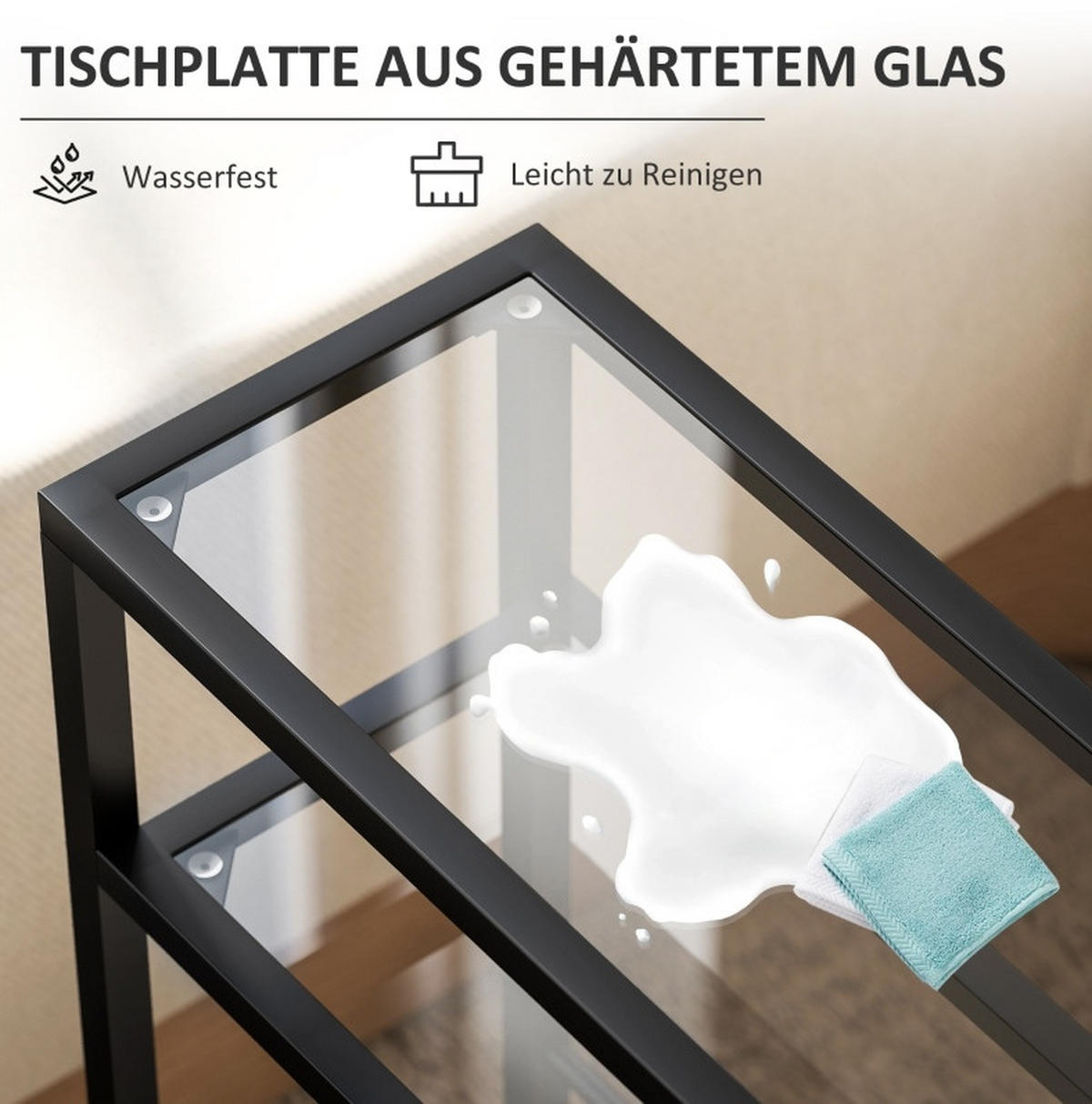 BEISTELLTISCH 18/40/62 cm mit 3 Glasablagen, platzsparendem Design und Stahlrahmen, Schwarz - Schwarz, Glas (40/18/62cm) - Redom