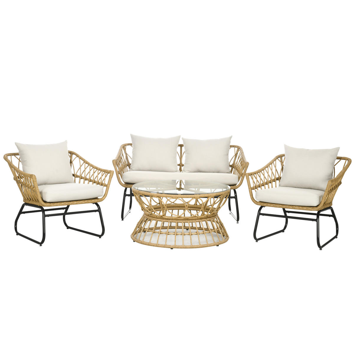 GARTENLOUNGE-SET Beige Kunststoffgeflecht 4-teilig mit Kissen und Tisch - Sandfarben, Holzwerkstoff - PANGIVO