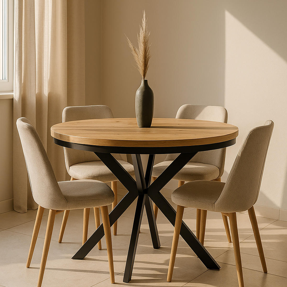 ESSTISCH Runder Ausziehbarer Tisch für Esszimmer ENDIK mit Ring-Gestell und Metallbeinen, Durchmesser: 120 / 220 cm, Farbe: Schwarz - Schwarz, Holz (220/120/77cm) - Dekori_Interiors