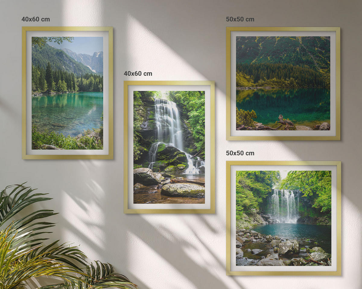 BILDER SET 4er Set - 50x50 cm & 40x60 cm Goldrahmen - Wasserfälle in grüner Umgebung - Goldfarben, Kunststoff (50/50cm) - TULUP