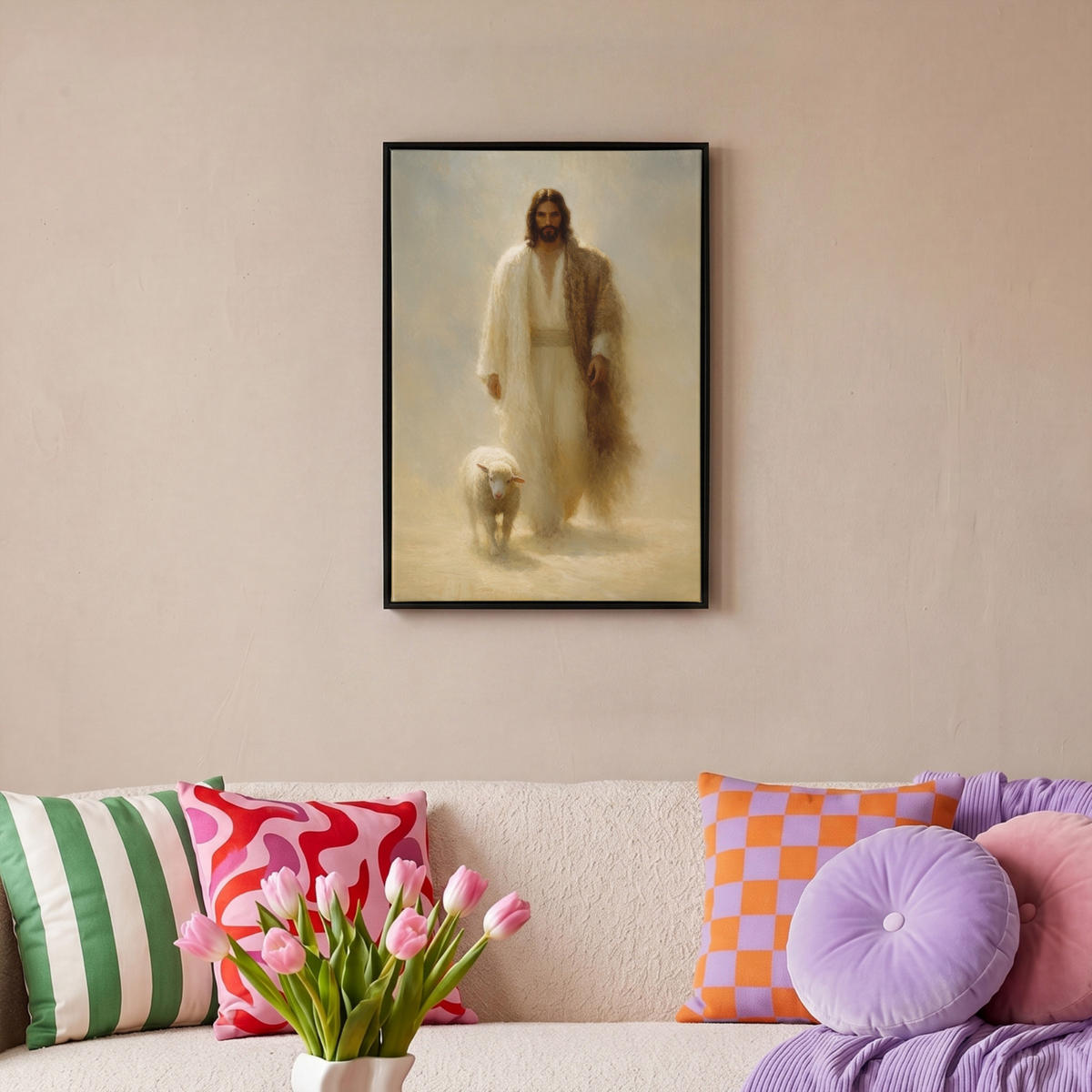 LEINWAND Bilder mit Rahmen - Schaf - Jesus - Pinselstriche - Abstrakt - 40x60 - Beige, Textil (40/60cm) - MuchoWow