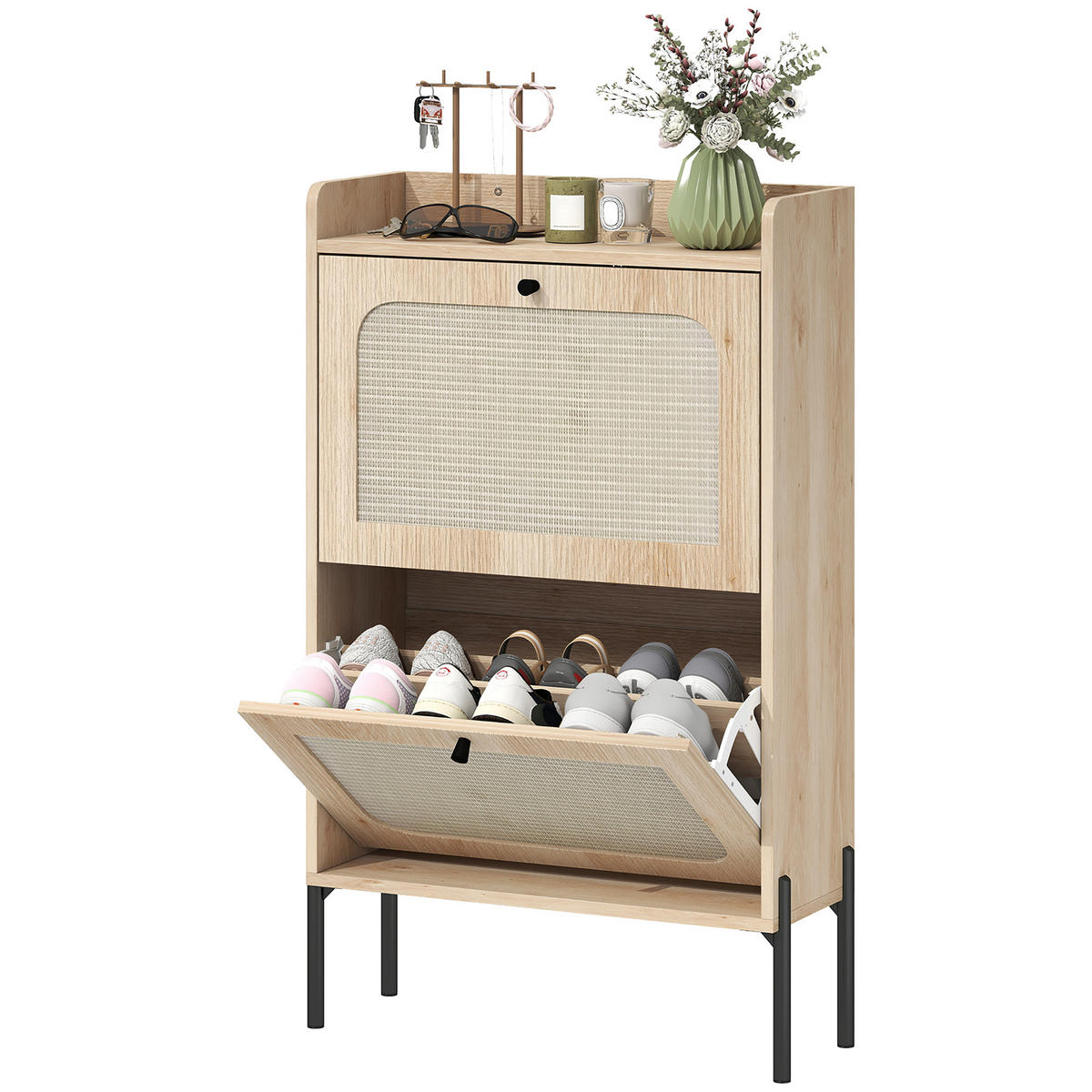 SCHUHSCHRANK Eiche-Optik Rattan klappbar mit Fächern 1 Stück - Eichefarben, Holzwerkstoff (60/99.5/23.7cm) - PANGIVO