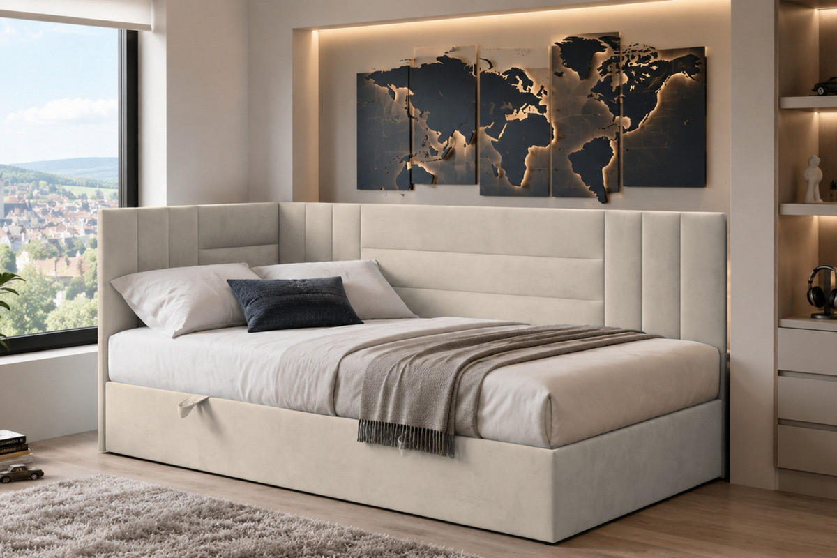 BOXBETT KAYA 90/200 in Velours Ecru H3 links - Ecru, Holz/Holzwerkstoff (90/200cm) - Deine Möbel 24