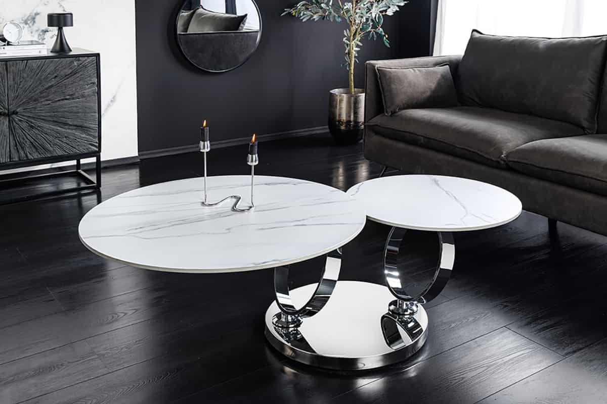 COUCHTISCH DANCING RINGS Marmor rund Silber|Weiß 80cm - Silberfarben/Braun, Keramik/Metall (80/80/44cm) - riess-ambiente