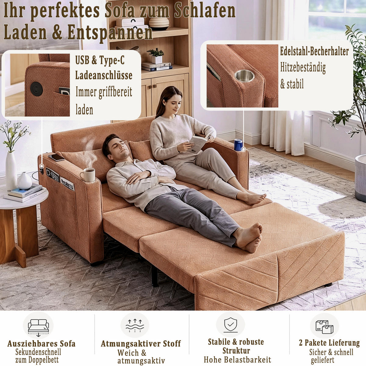 SCHLAFSOFA aus Holz und Stoff mit USB-Ladeports und Schiebe-Transform-Funktion Orange - Orange, Holz (134/73/195cm) - Modenvie