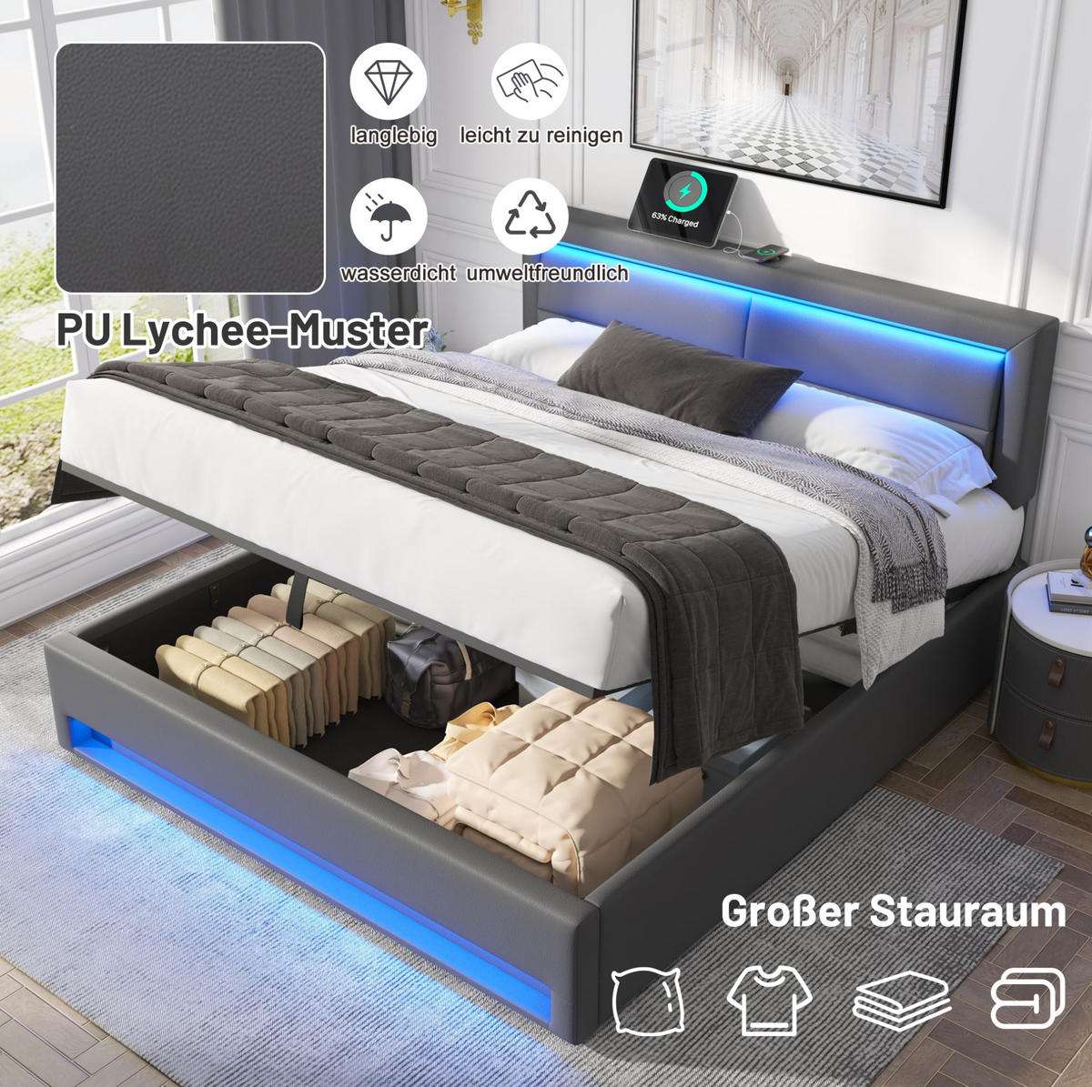 POLSTERBETT 140/190 cm aus PU mit USB-Anschluss, kabellosem Laden, LED-Beleuchtung und Stauraum, Grau - Grau, Leder (140/190cm) - Redom
