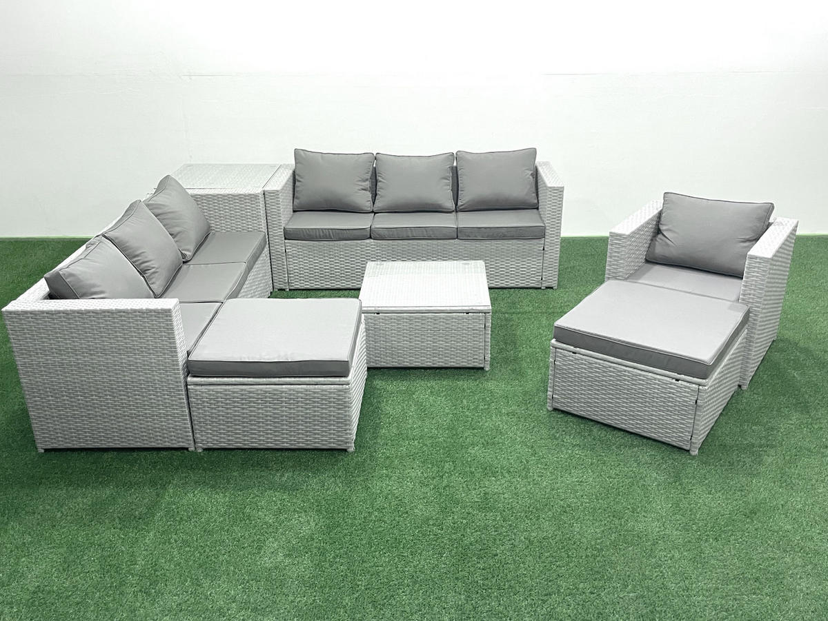 GARTENMÖBEL-SET mit Kissen Polyrattan Hellgrau-Mix 9-Sitzer - Hellgrau/Grau, Glas/Kunststoff - Fimous