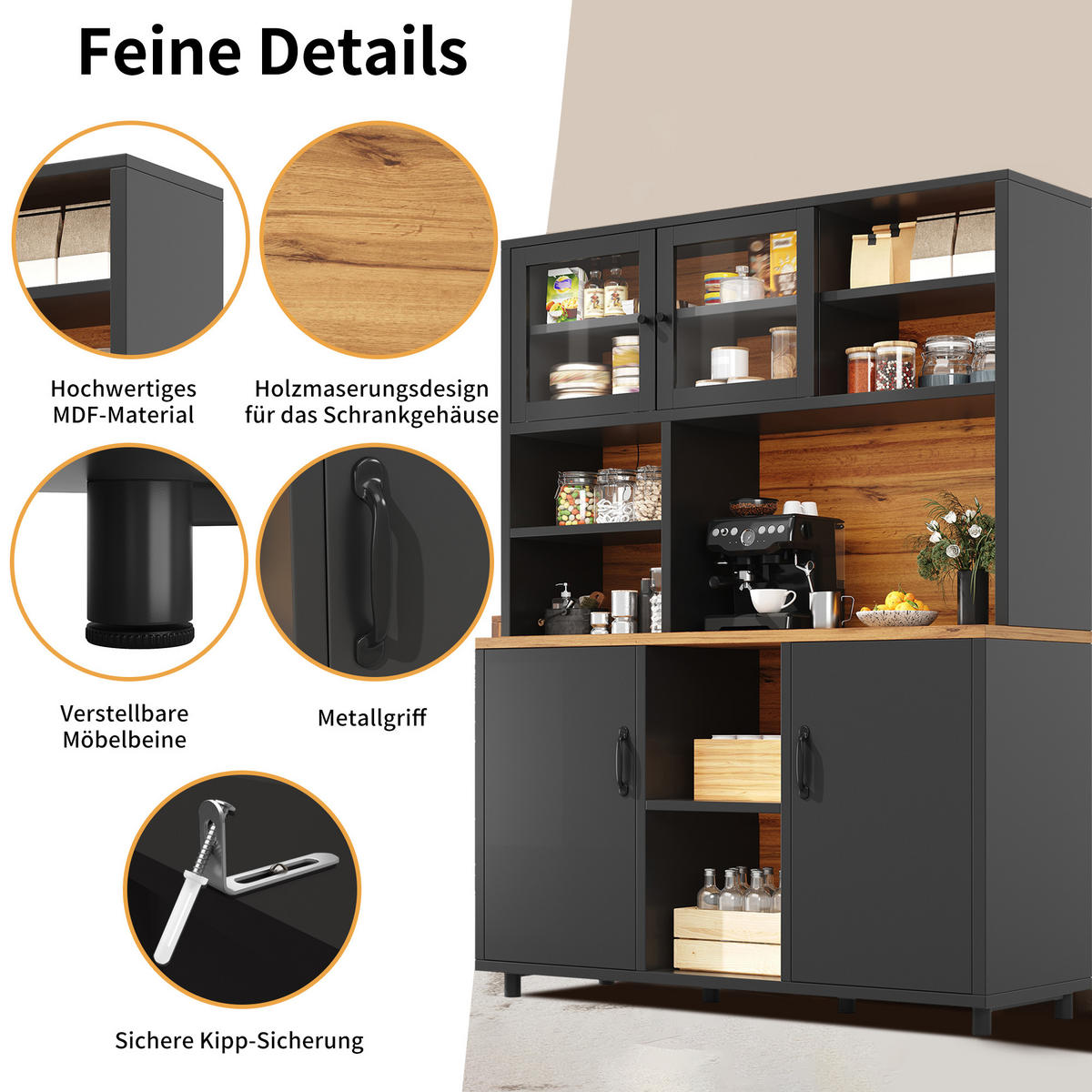 HOCHSCHRANK 185Cm LED App Schiebetüren Holzoptik Schwarz - Schwarz, Holzwerkstoff (140/185/40cm) - FLIEKS