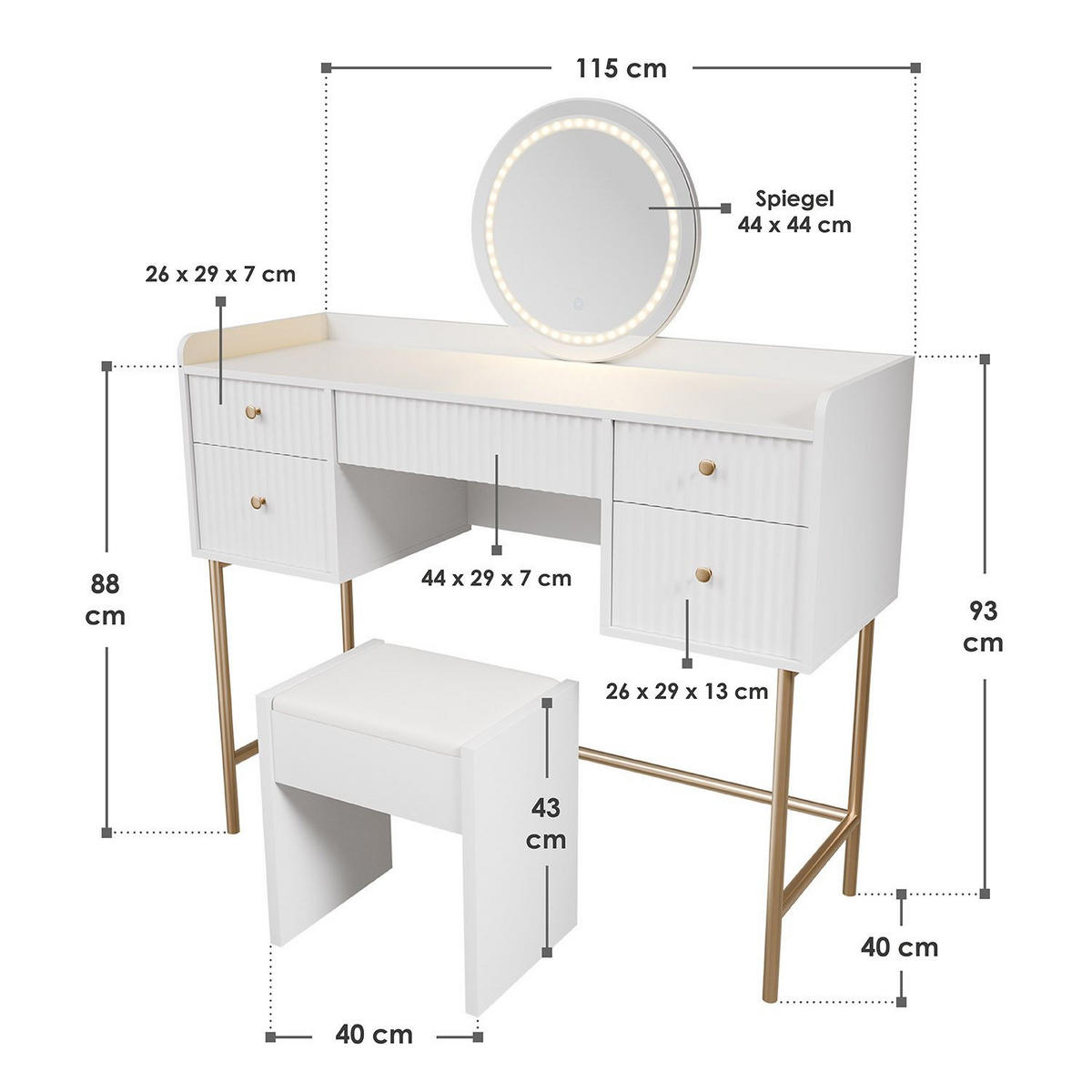 SCHMINKTISCH Samira weiß/gold mit Touch-LED-Spiegel und Hocker Melly - Weiß, Holz (115/137/40cm) - Juskys