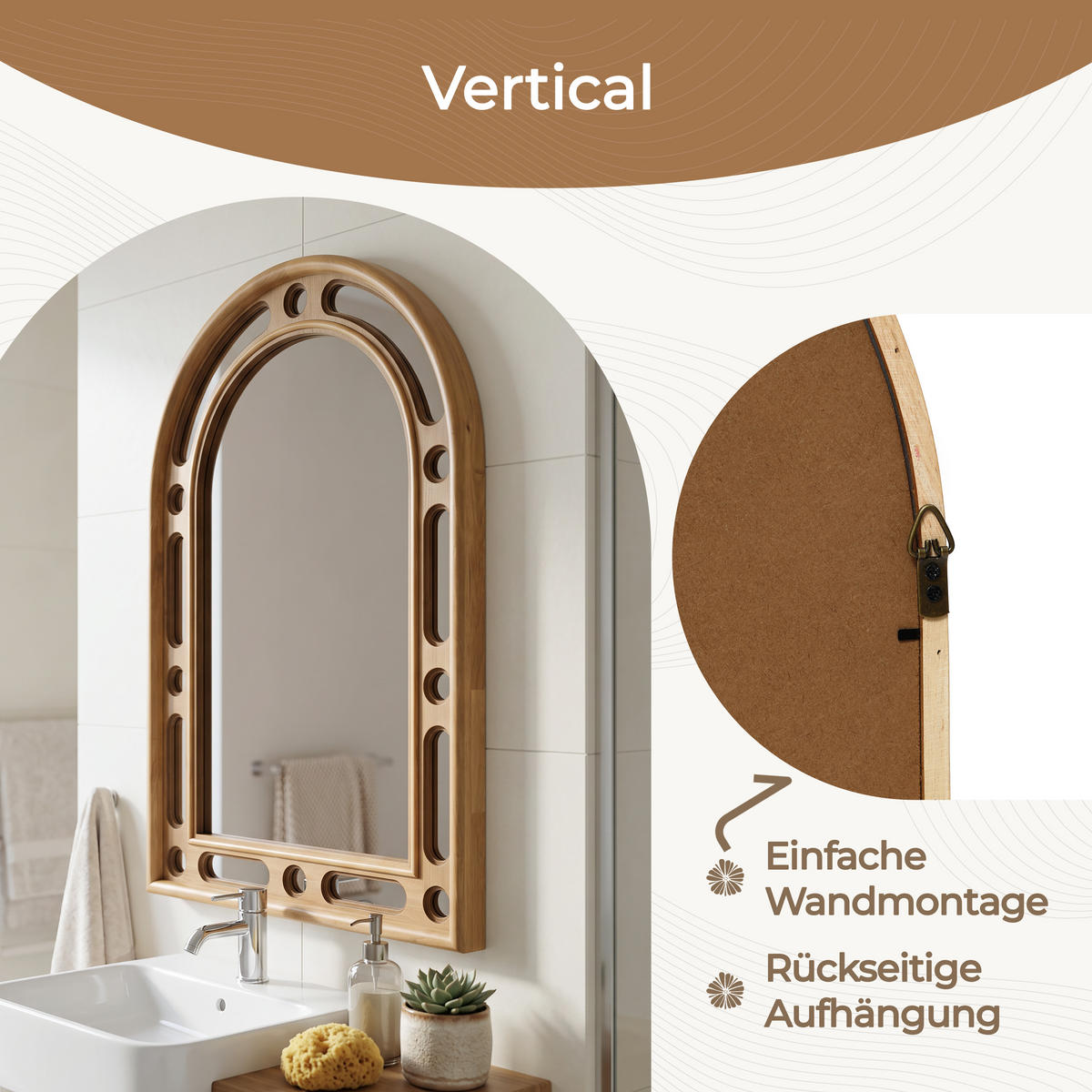 75CM Bogen Spiegel HTA0405 - Naturfarben, Naturmaterialien (3.5/75/50cm) - Hometopia