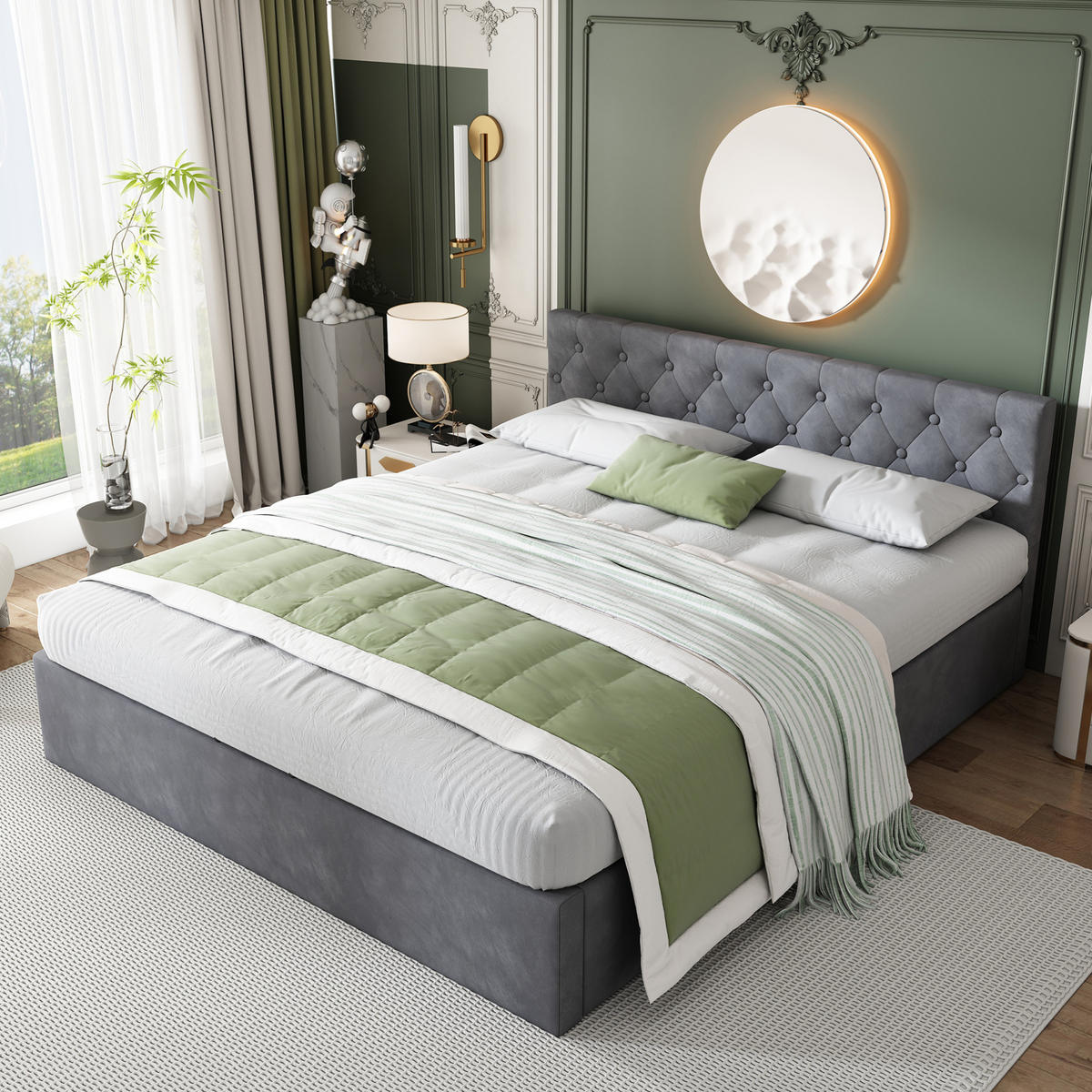 ČALÚNENÁ posteľ zo zamatu 140x200 cm sivá s hydraulickým úložným priestorom a roštom - sivá, textil (140/200cm) - Modfu
