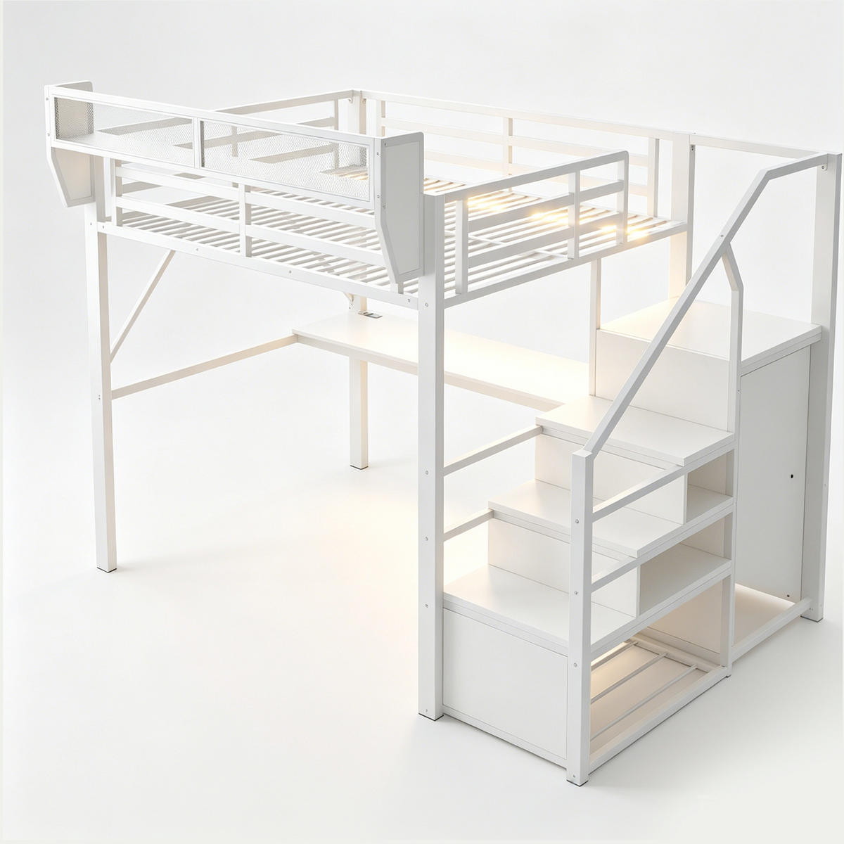 HOCHBETT 140/200 cm in Weiß mit LED, Schreibtisch, Leiter und Stauraum - Weiß, Holzwerkstoff/Metall (140/200cm) - CHICFURN