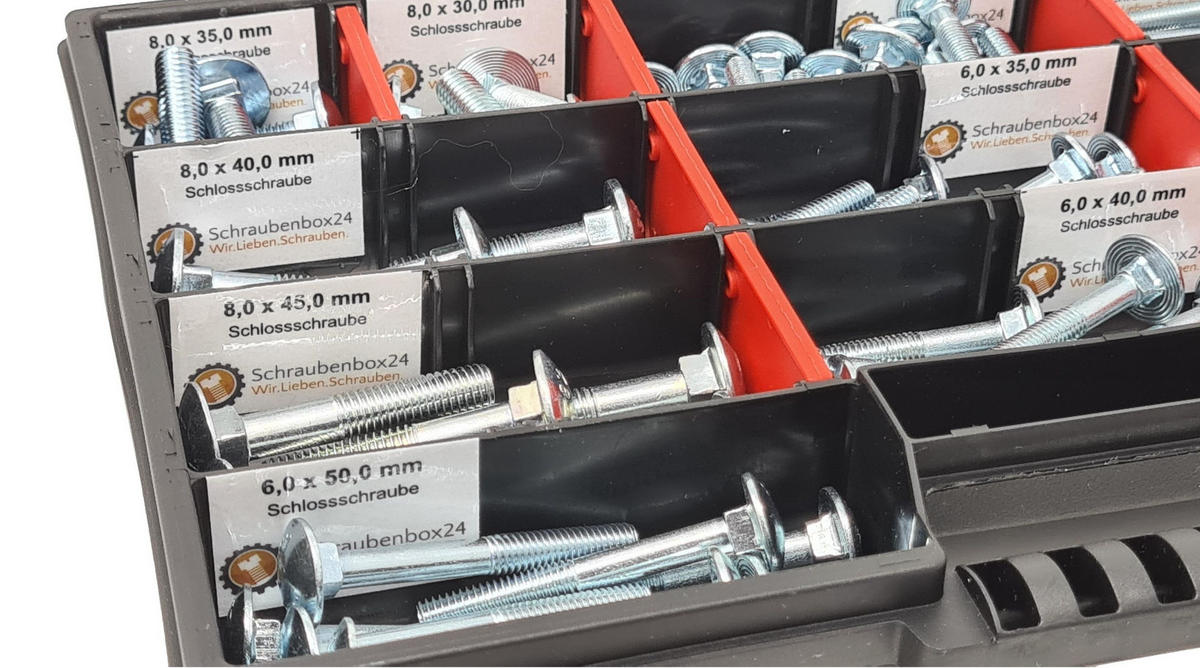 FLACHKOPFSCHRAUBEN Sortiment M5-M6-M8 // 30mm-60mm 115 tlg. Schraubenbox DIN 603 - Zinkfarben, Metall (3.5cm) - Schraubenbox24