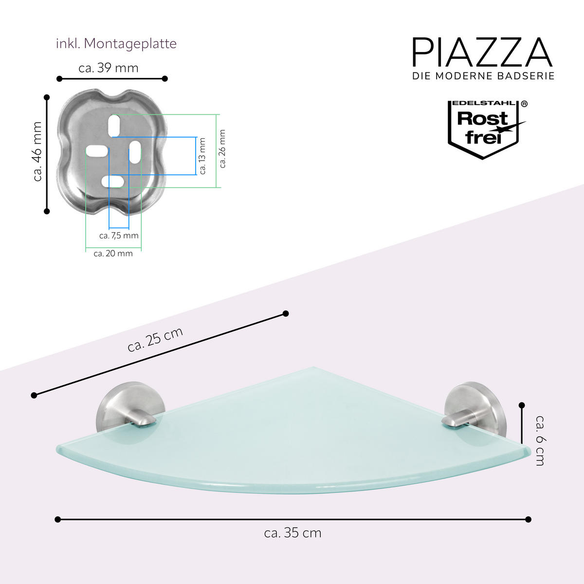 GLAS-ECKABLAGE PIAZZA Edelstahl, inkl. Klebeset - Silberfarben, Metall (35/6/25cm) - bremermann