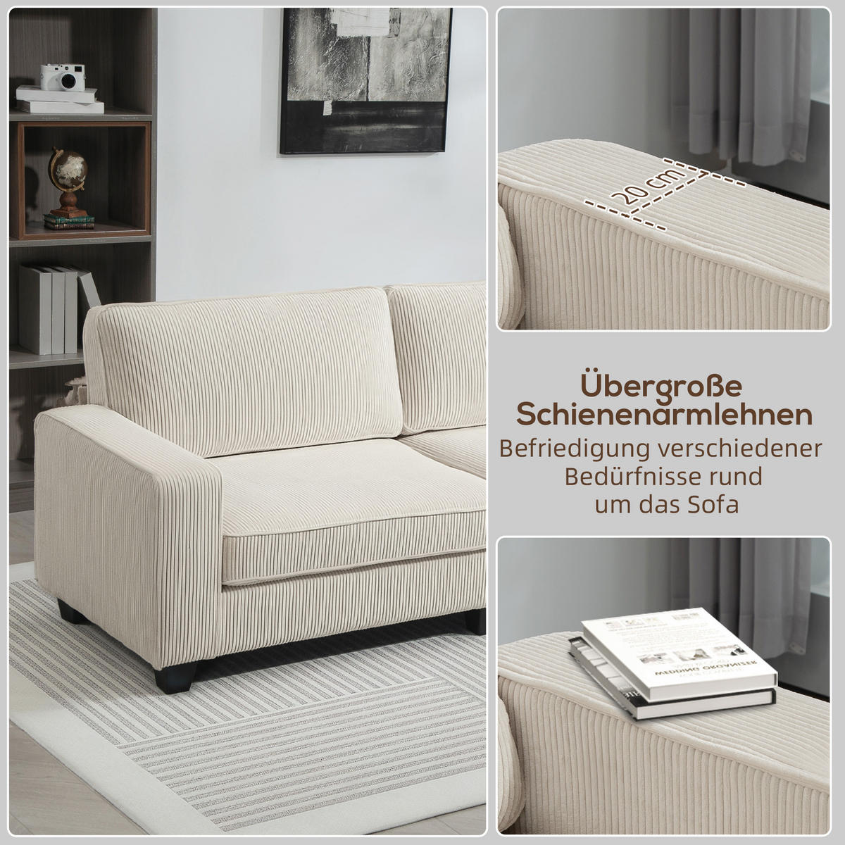 3-SITZER Sofa mit Cordbezug, Wohnzimmersofa mit Federkern, bis 400 kg, Cremeweiß - Creme/Schwarz, Kunststoff/Textil (84/87/227cm) - HOMCOM