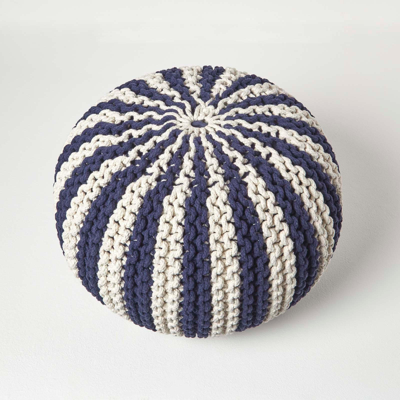 Thumbnail - Homescapes Strickpouf, Dunkelblau, Textil, Gestreift, Rund, 40x35x40 cm, Wohnzimmer, Hocker, Poufs