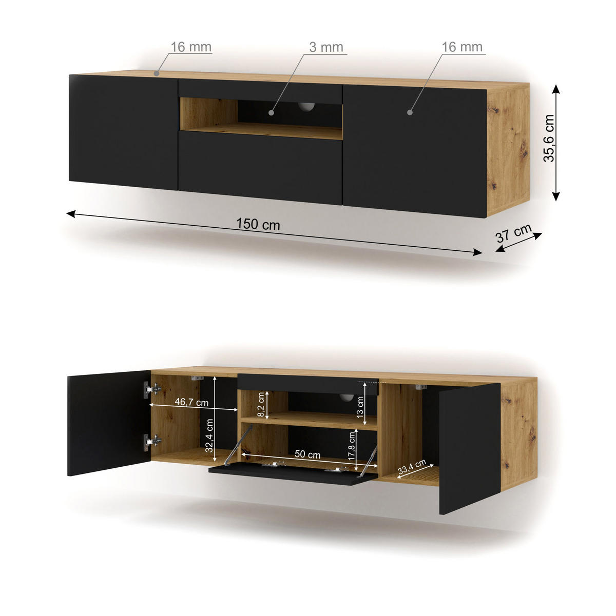 TV LOWBOARD Artisan Eiche, Schwarz 150/42/37 - Schwarz/Eiche Artisan, Holzwerkstoff (150/42/37cm) - RAUMHIRSCH FURNITURE
